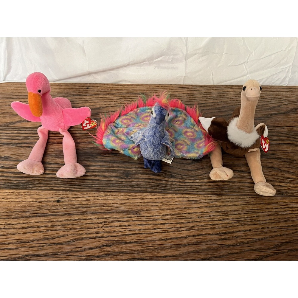 TY BEANIE BABIES Lot of 3 – Pink Flamingo, Peacock, Brown Stork‎ Plush Animals